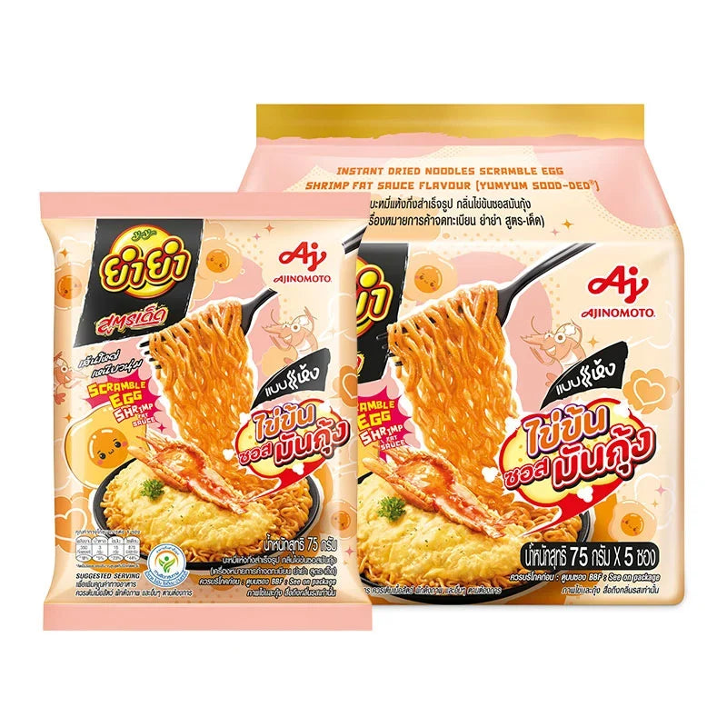 YUMYUM Soodded instant noodles with dried scrambled eggs and shrimp sauce, dry grocery product, packaged in a ready-to-cook form