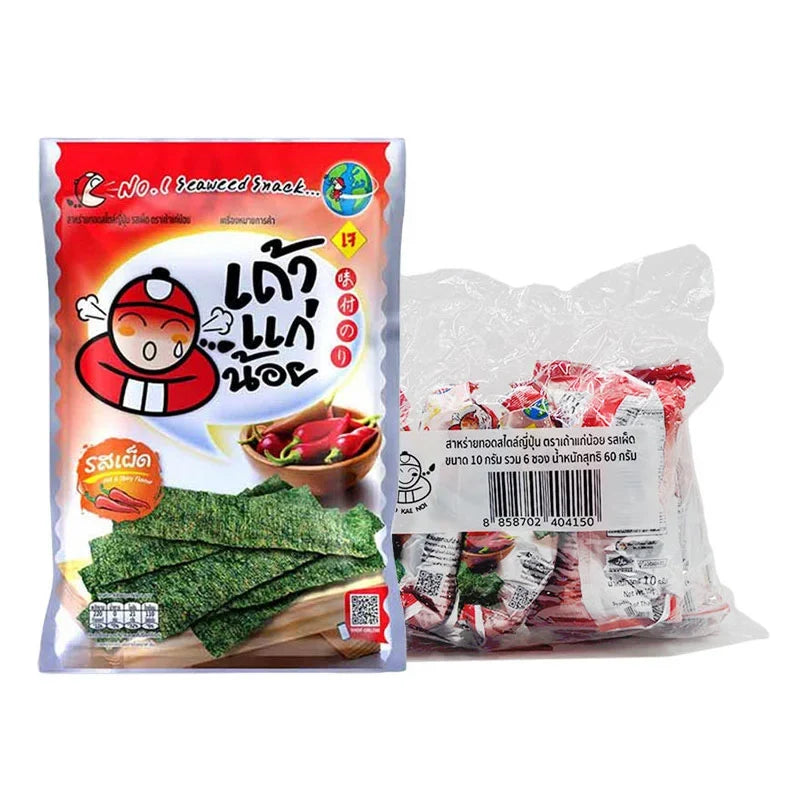 Taokaenoi Spicy Fried Seaweed Snacks, 10g x6 packs, crispy and flavorful dry grocery snack from TAOKAENOI.