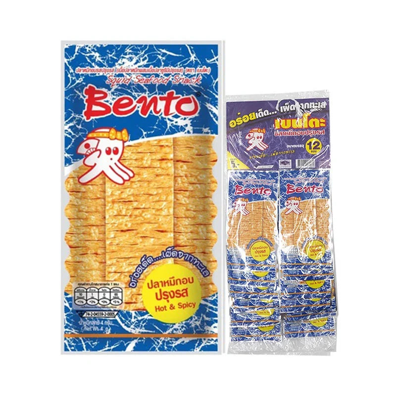 BENTO Bento Squid Seafood Snack Hot & Spicy 4g x12 pack, dried and spicy seafood snack from the dry grocery and snack confectionery category.