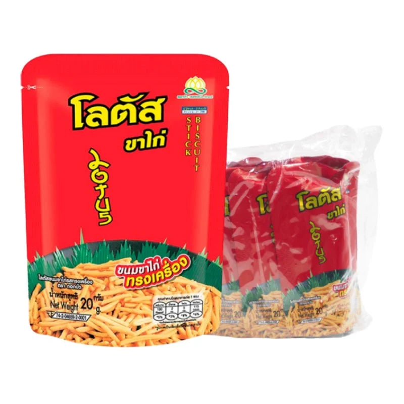 Lotus Biscuit Stick 20g pack, a crispy, golden snack from LOTUS, displayed in a row with multiple packs visible.