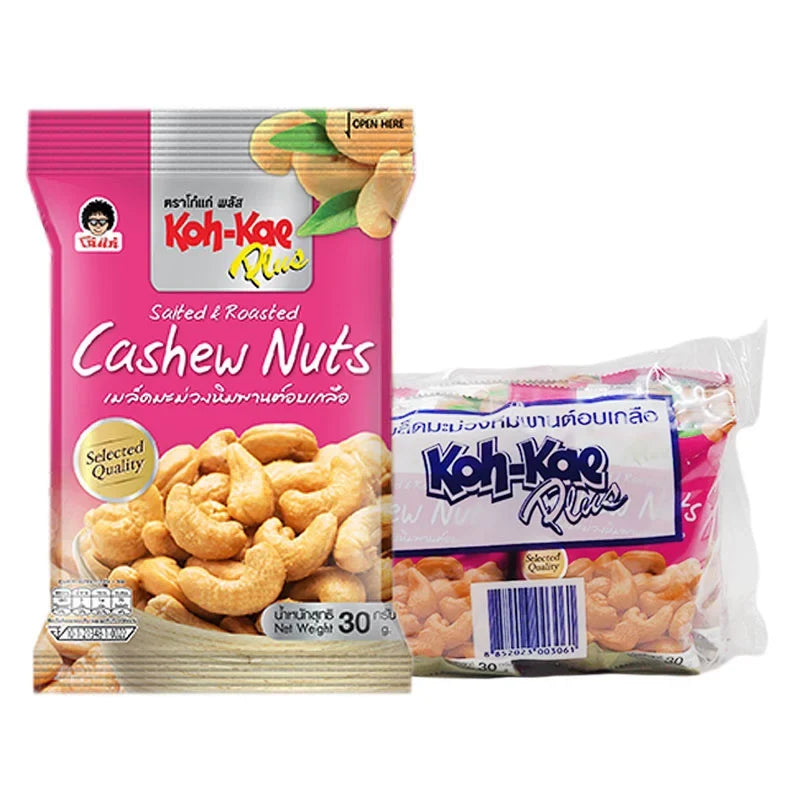 KOHKAE Kohkae Plus Salted Cashew Nuts 30g pack, dry grocery snack with salted roasted cashews in a clear package.