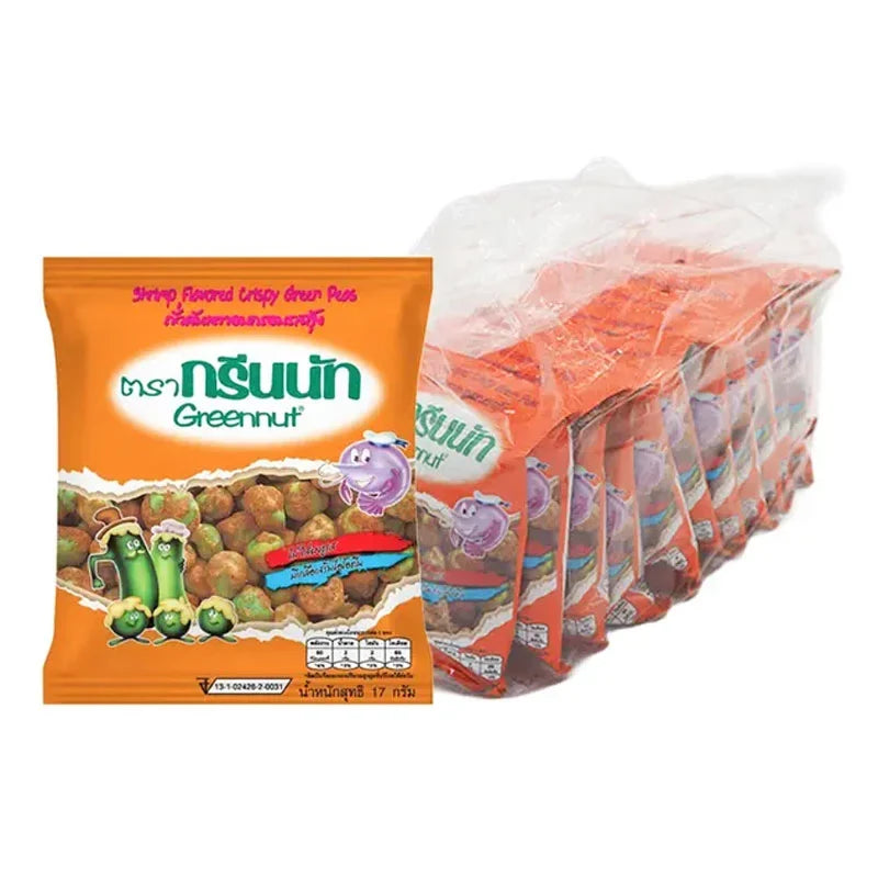 Greennut Crispy Green Peas shrimp flavor snack pack, 17g x 12, dry grocery, crunchy pea snack with shrimp seasoning.