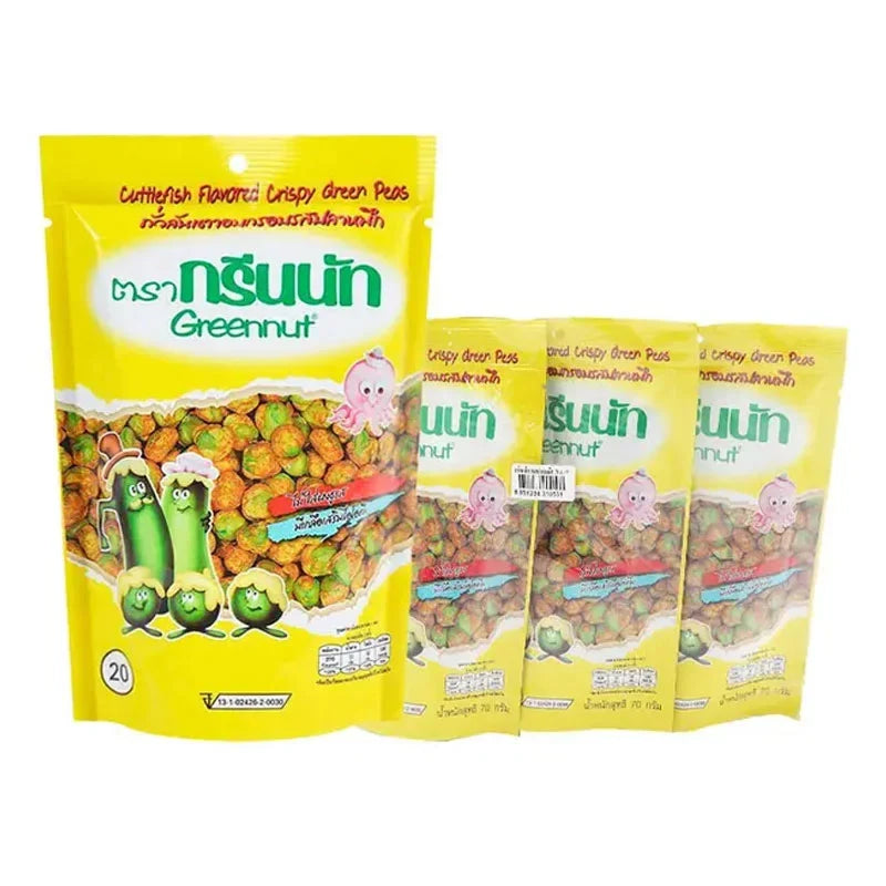 GreenNut Crispy Green Peas and Cuttlefish snack, 70g x3 packs, in colorful packaging with green peas and cuttlefish images.