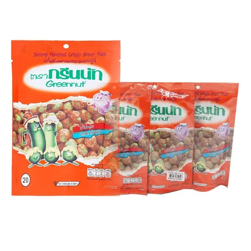 Greennut Crispy Green Peas Shrimp snack, 70g x 3 packs, dry grocery, crunchy and savory snack in a colorful package.