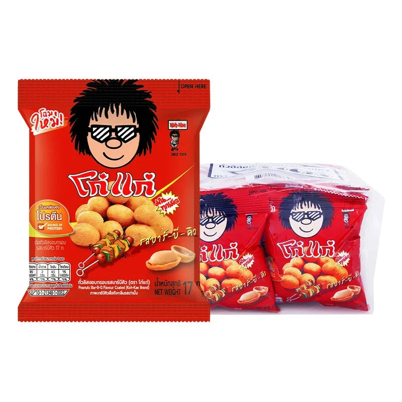 KOHKAE Peanut BBQ snack pack, 17g x 12, showing individually wrapped peanut-flavored confectionery with BBQ seasoning.