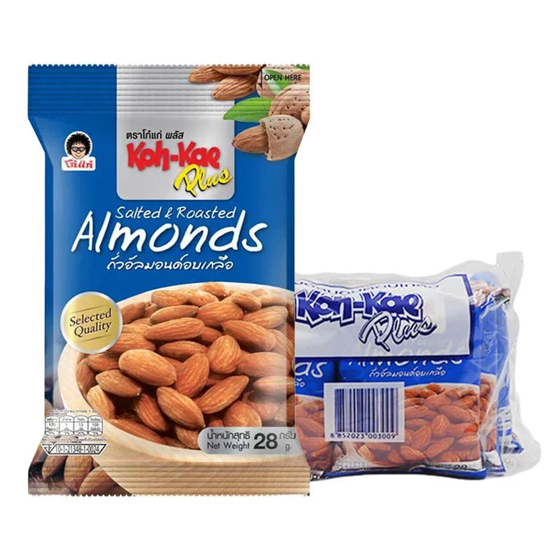 KOHKAE Kohkae Plus Salted Almond snack pack, 28g x6, dry grocery snack with salted almonds in clear packaging.