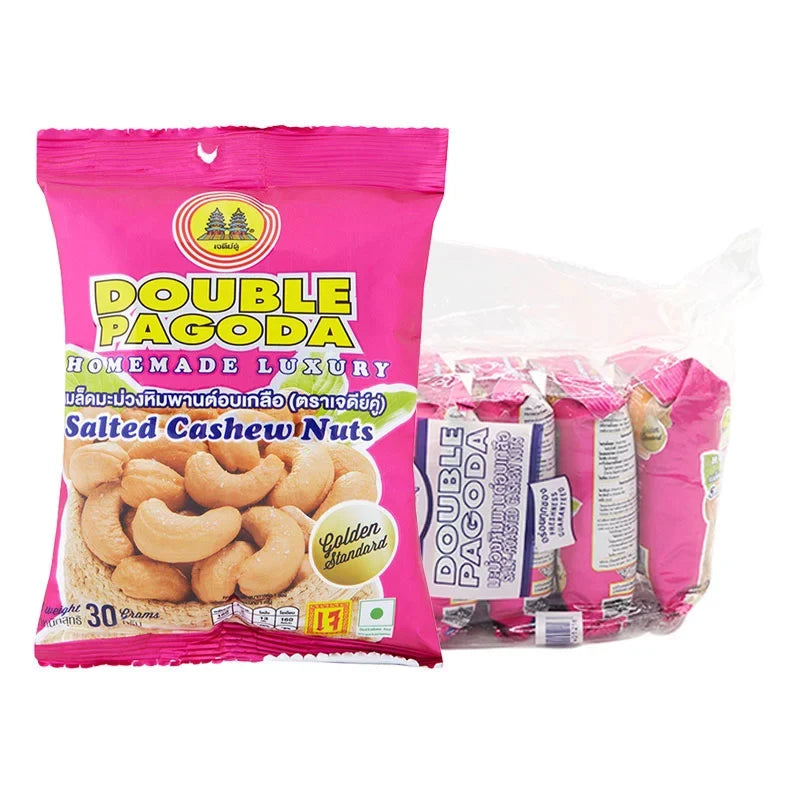 Double Pagoda Cashew Nut snacks in a 30g pack, featuring roasted, crunchy cashews in a colorful package.