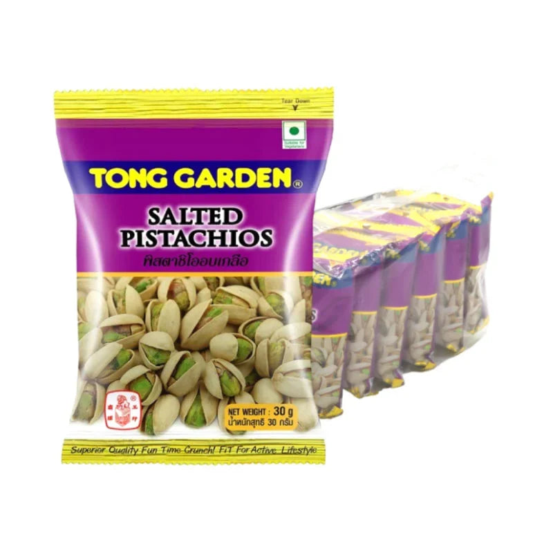 Tong Garden salted pistachios in 30g snack packs, dry grocery snack and confectionery product, with salted pistachios visible in the image.