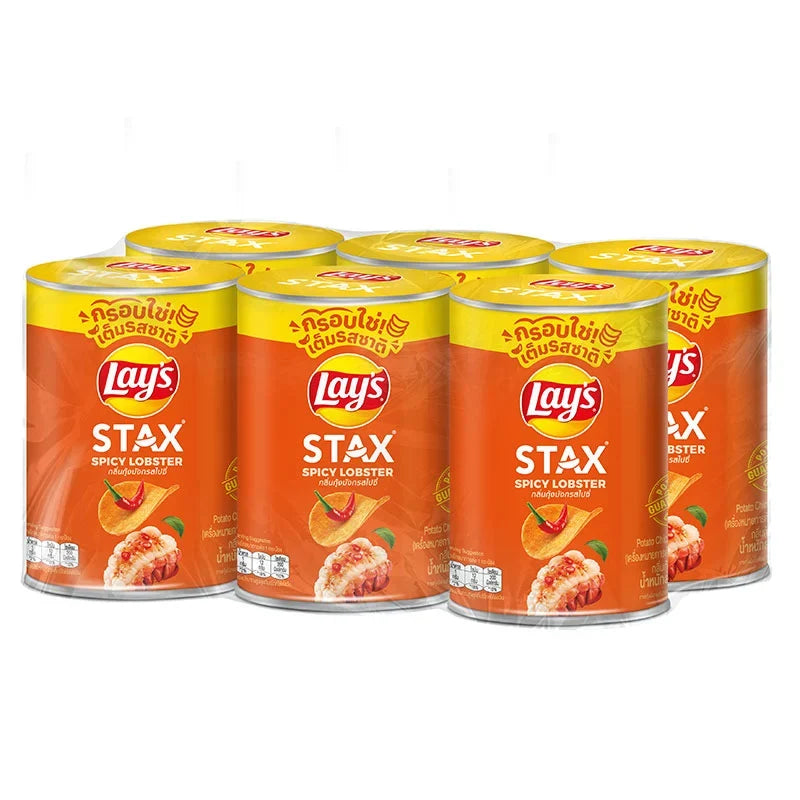 Lay's Stax Spicy Lobster Potato Chips in 42g packs, crunchy snack from Lay's with bold seafood-inspired flavor.