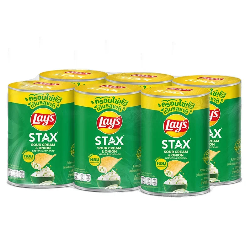 Lay's Stax Sour Cream & Onion potato chips in 42g packs, stacked in a clear bowl, showcasing the snack's crispy texture and flavor.