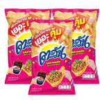 Tawan spicy larb flavor tapioca chips in 75g snack pack, stacked in a clear bowl, showcasing crispy, seasoned snack pieces.