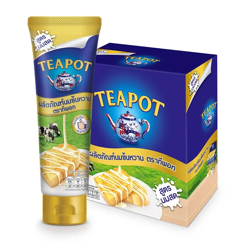 Teapot Squeeze Sweetened Condensed Milk 180g pack, featuring eight containers of creamy, sweetened milk for desserts and drinks.
