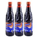 Savepak Dark Soy Sauce Formula 5, 750g bottles, shown in three-pack, for use in Asian cooking and savory recipes.