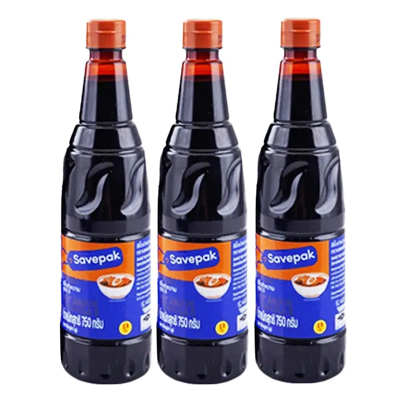 Savepak Dark Soy Sauce Formula 5, 750g bottles, shown in three-pack, for use in Asian cooking and savory recipes.