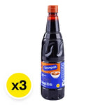 Savepak Dark Soy Sauce Formula 5 in 750g bottles, shown in three packages, for use in Asian cuisine and cooking.