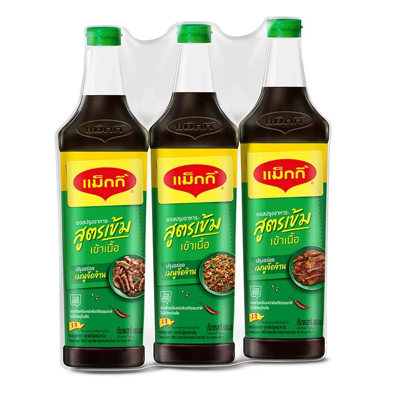 Three bottles of MAGGI Green Cap Soy Sauce, 680ml each, showing the dark soy sauce in clear plastic bottles with green caps.
