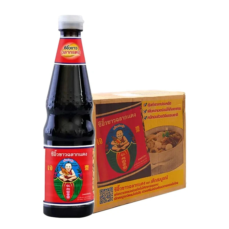 Healthyboy DEK SOM Boon Soy Sauce Red Label 700ml bottles, displayed in a pack of 12, for dry grocery use.