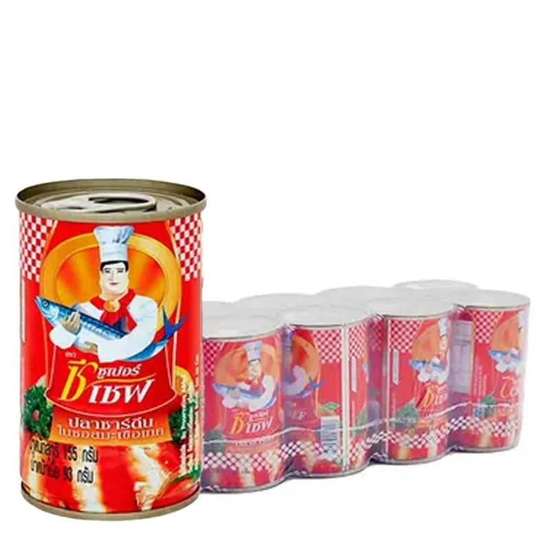 Cans of Super C Chef Sardines in Tomato Sauce, 155ml each, arranged in a pack for dry grocery shopping.