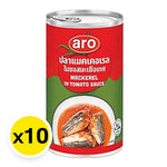 Canned ARO mackerel in tomato sauce, 155g per can, stacked in a box, ideal for quick meals and seafood recipes.