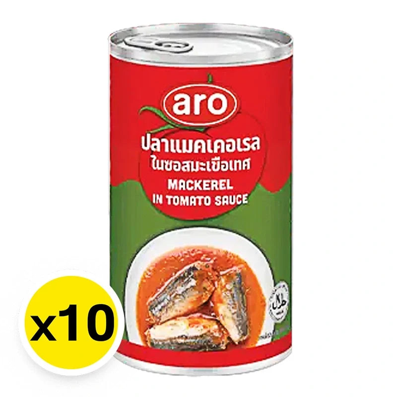 Canned ARO mackerel in tomato sauce, 155g per can, stacked in a box, ideal for quick meals and seafood recipes.