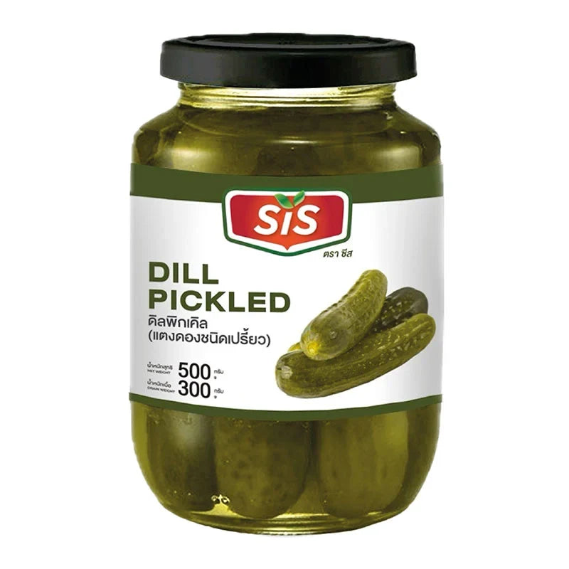 SIS Dill Pickles in a jar, dry grocery item, showing fresh dill pickles and label on the jar.