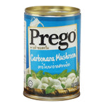Prego Mushroom Cream Carbonara dry grocery pasta sauce jar, 295g, with creamy mushroom and Parmesan flavor on a white background.