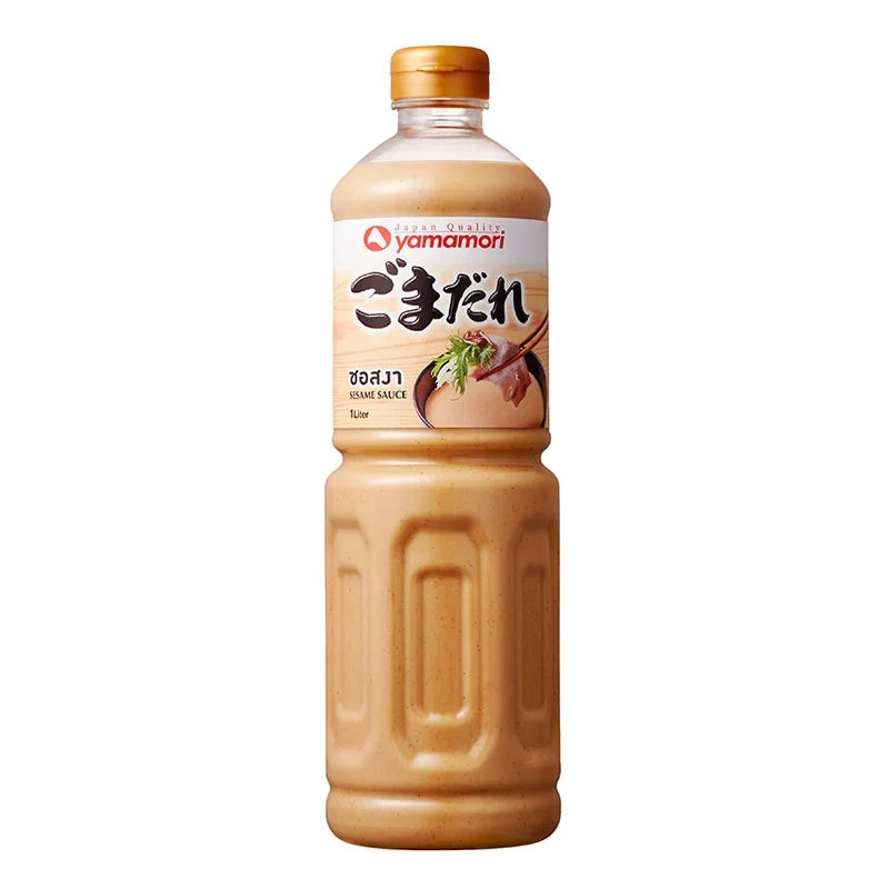 Yamamori Sesame Sauce 1L bottle for dry grocery with a white label and black cap, showcasing sesame seeds and Asian-inspired branding.