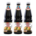 DEK SOM Boon Black Vinegar 600ml bottles, dry grocery product, black vinegar with clear labels in a row.