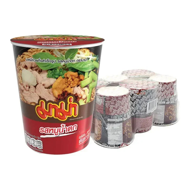 Mama Cup Instant Noodle Moo Namtok 60g pack with six dry noodle cups, featuring flavorful Moo Namtok seasoning and packaging.