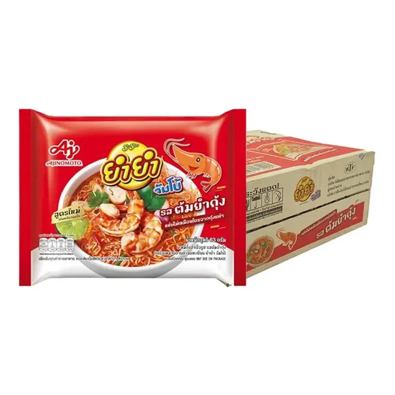 YUMYUM Jumbo Tom Yum Kung Instant Noodles 63g pack, dry grocery product with vibrant packaging and noodles inside.