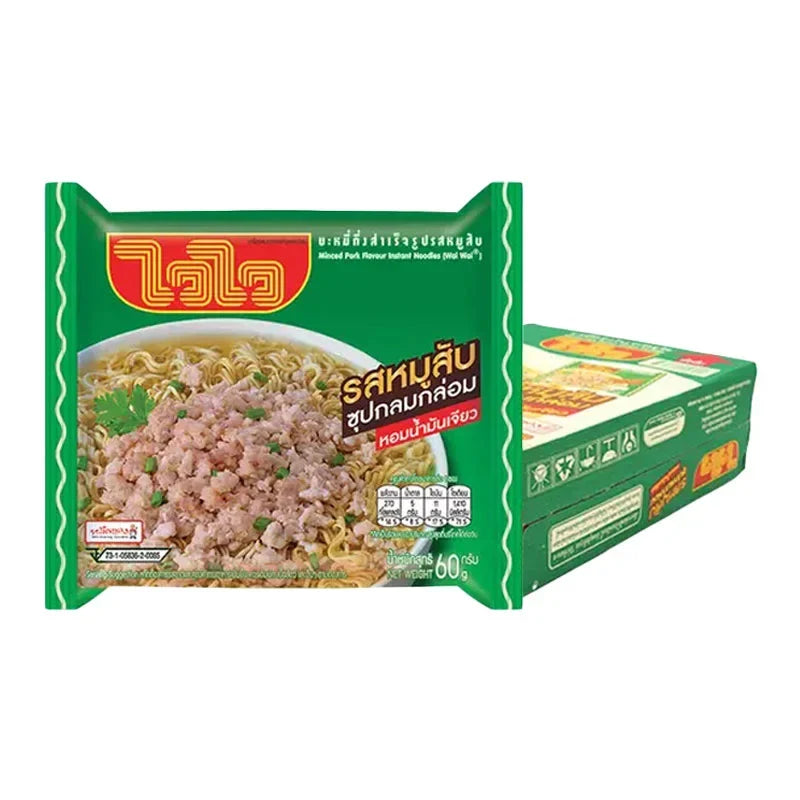 WAIWAI Minced Pork Instant Noodles 60g pack, dry grocery product with cooked noodles and minced pork flavor in a colorful package