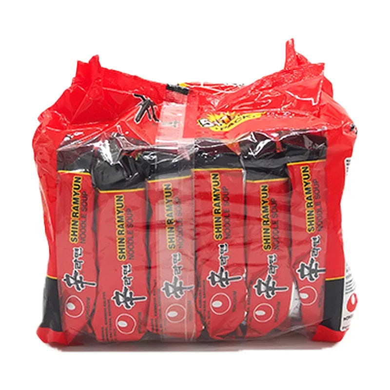 Nongshim Shin Ramyun instant noodle soup 120g package, dry grocery product with spicy ramen noodles and seasoning packet inside.