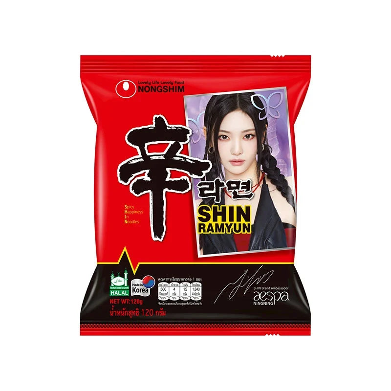 Nongshim Shin Ramyun instant noodle soup 120g in dry grocery packaging, featuring spicy ramen noodles with seasoning and vegetables.