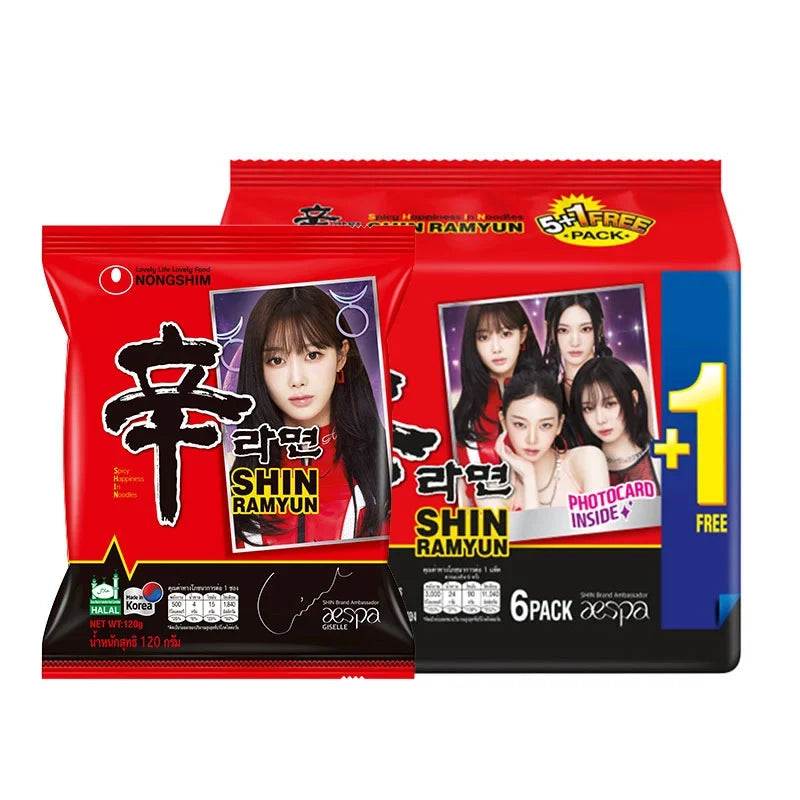 Nongshim Shin Ramyun instant noodle soup 120g, dry grocery, spicy ramen with noodles, seasoning, and vegetables visible in the package