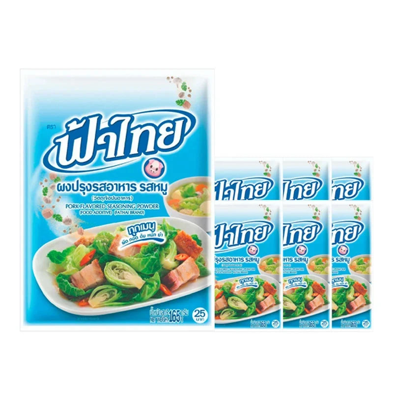 Fathai Pork Power 165g pack, dry grocery product with six packs, featuring pork-based ingredients in clear packaging.