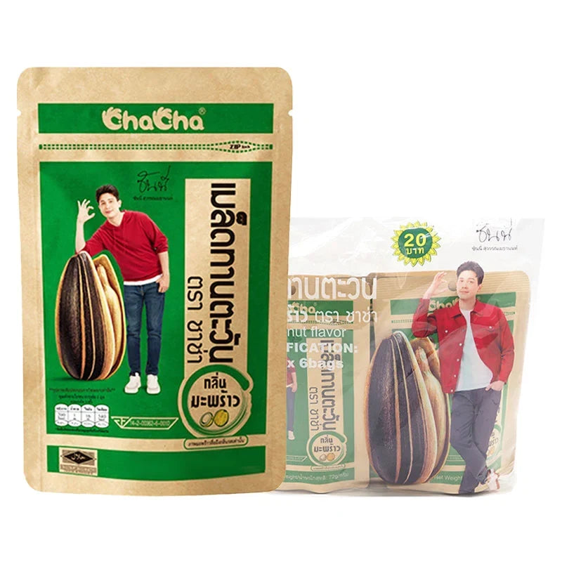 Chacha Sunflower Seeds Coconut Flavor 72g snack pack, dry grocery snack with sunflower seeds in coconut flavor, six packs shown.
