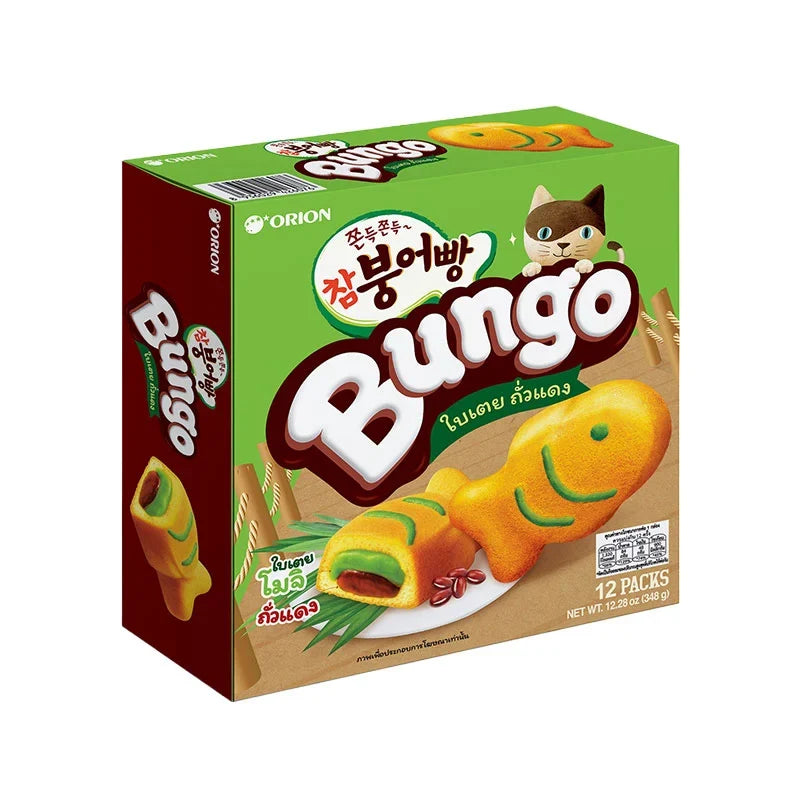 Orion Bungo Soft Cake with pandan and red bean flavor, showing a close-up of the snack’s textured surface in a packaging image.