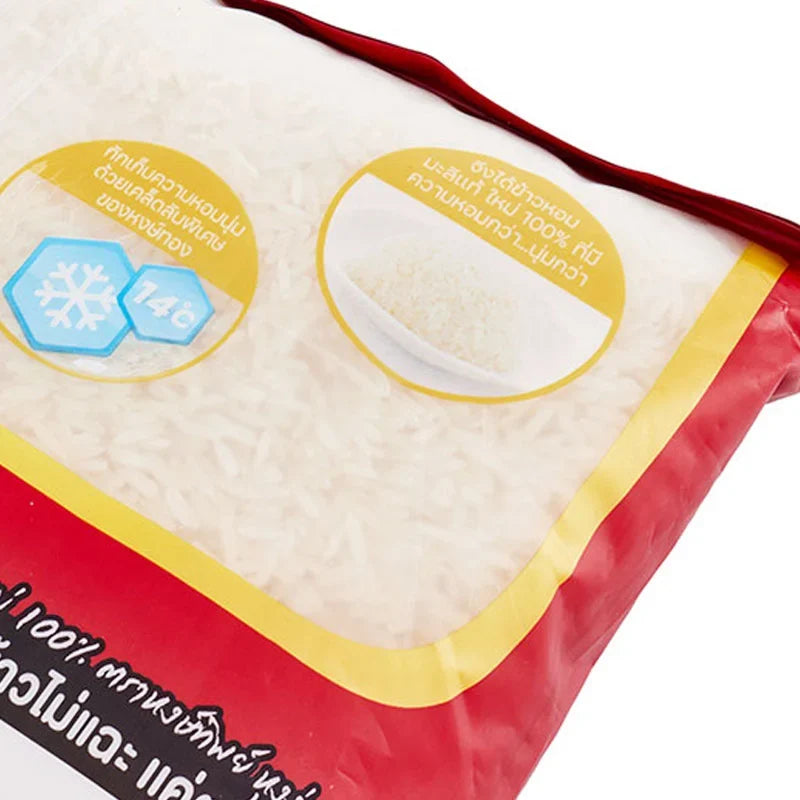 HONG THIP Jasmine Rice 5kg in a clear bag, showcasing long, fragrant grains of dry jasmine rice from the Hong Thip brand.