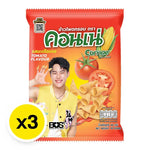 Cornae tomato-flavored corn snack in a 46g bag, shown in a set of three, with colorful packaging and crispy corn texture.