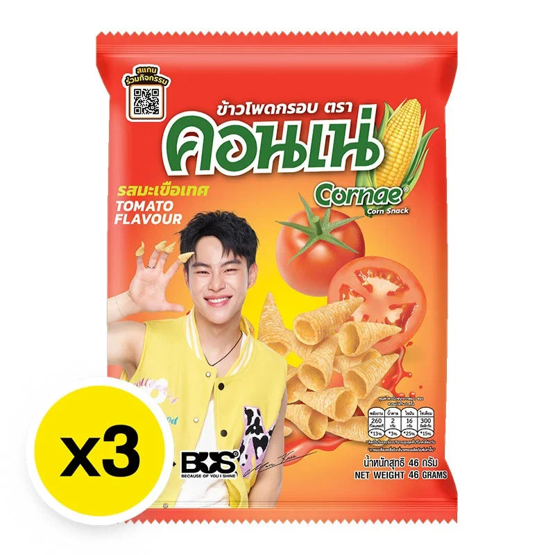 Cornae tomato-flavored corn snack in a 46g bag, shown in a set of three, with colorful packaging and crispy corn texture.