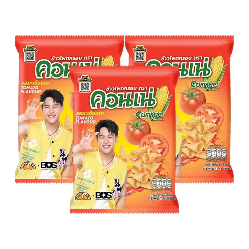 Cornae Corn Snack Tomato flavor, 46g pack, showing crispy corn snack pieces with tomato seasoning in a colorful package