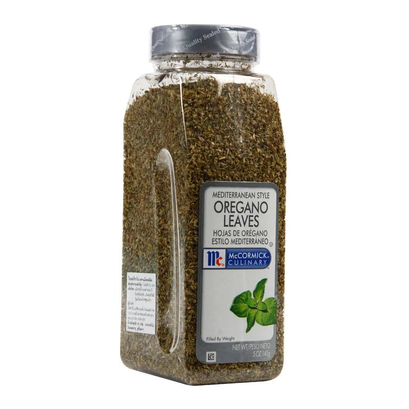 Mccormick oregano leaves in a 141g dry grocery package, fresh green herbs for cooking and seasoning.