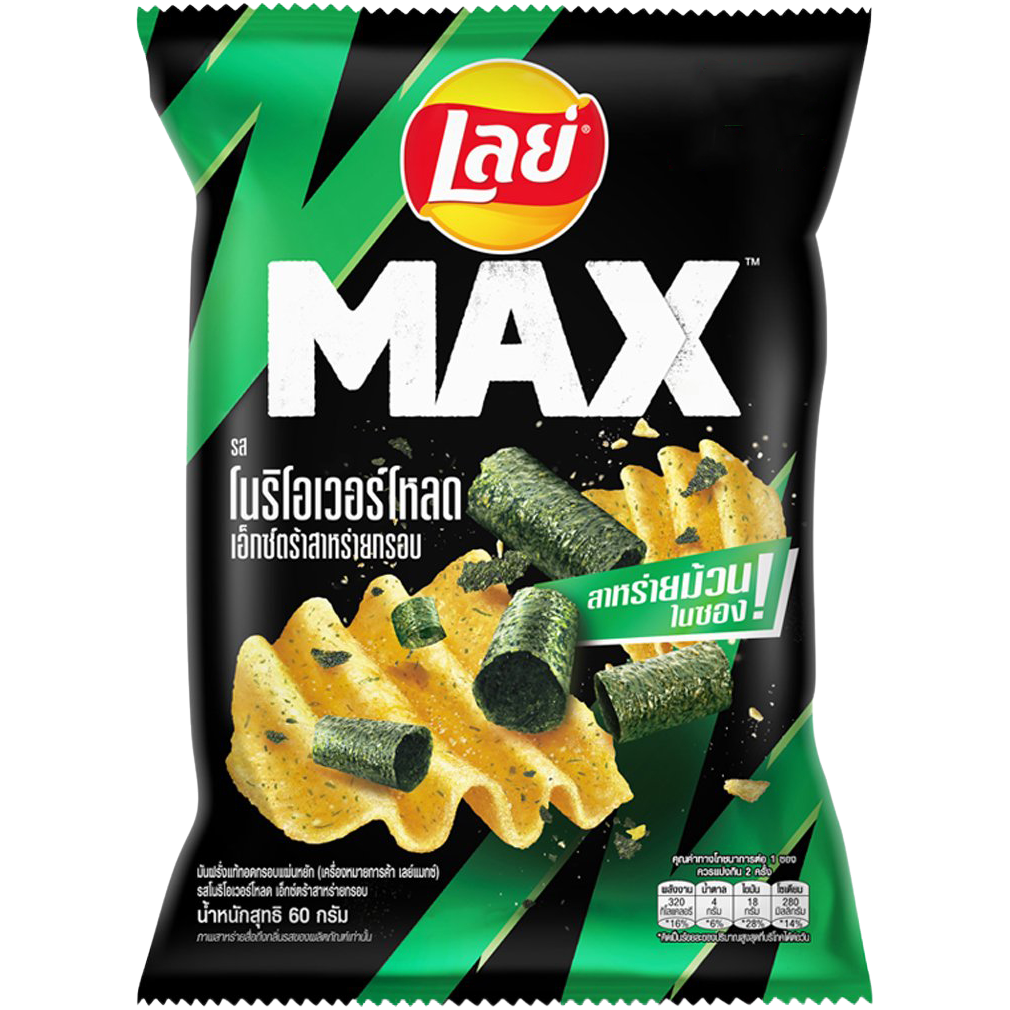 Lay's Max Nori Overload seaweed-flavored crunchy snack in bright packaging, showcasing the seaweed snack with crisp texture.