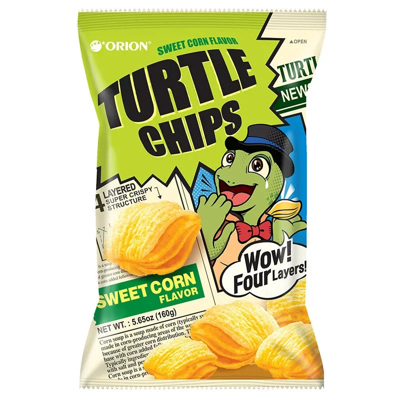 Orion Turtle Chips Sweet Corn flavor 160g, crispy snack in colorful packaging, part of dry grocery snack and confectionery selection.