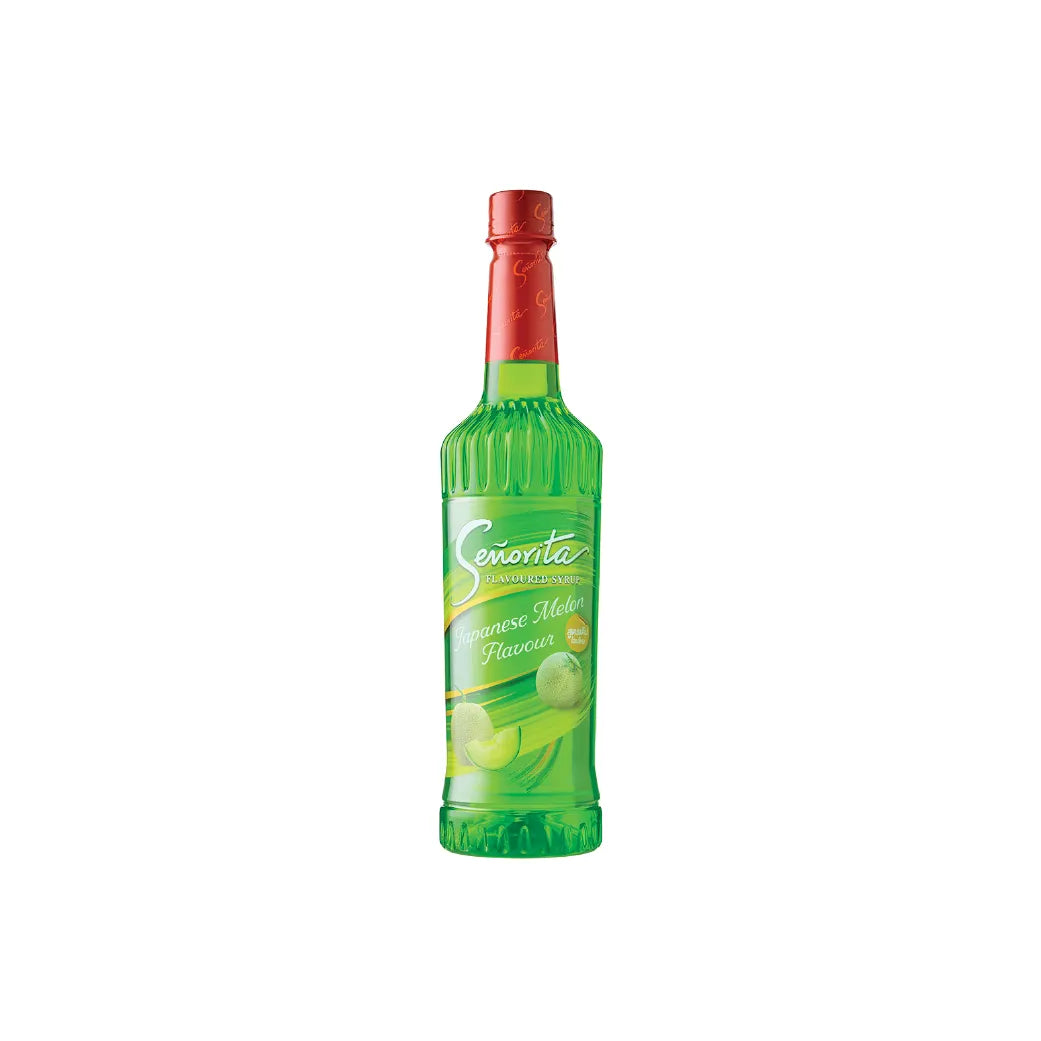 Senorita Japanese Melon Flavored Syrup in a 750ml bottle, ideal for beverages and desserts, part of dry grocery selection.