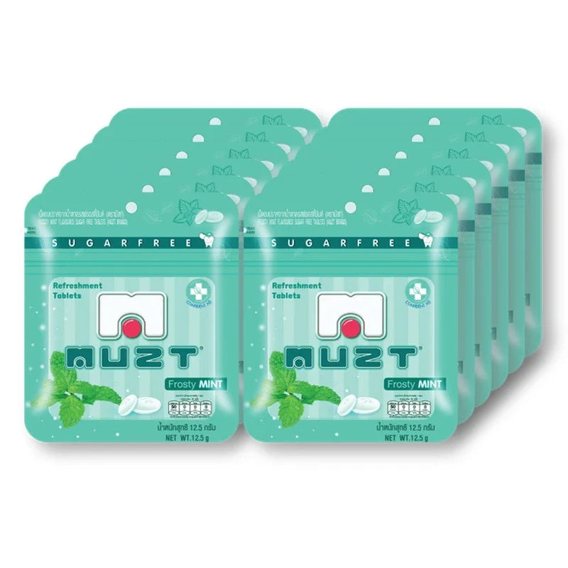 Muzt Sugar-Free Frosty Mint Lozenges in 12.5g pack, 12 pieces, a refreshing dry grocery snack from MUZT SUGAR-FREE brand.