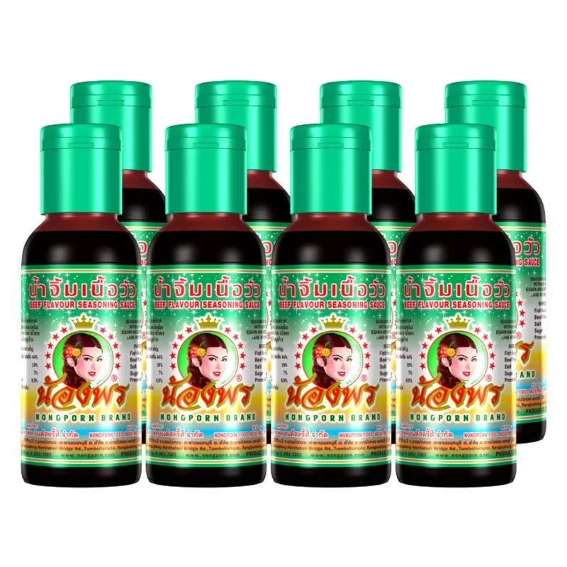 Nongporn Beef Seasoning Sauce 100ml bottles, set of 8, in clear bottles with red caps, used for flavoring beef dishes.