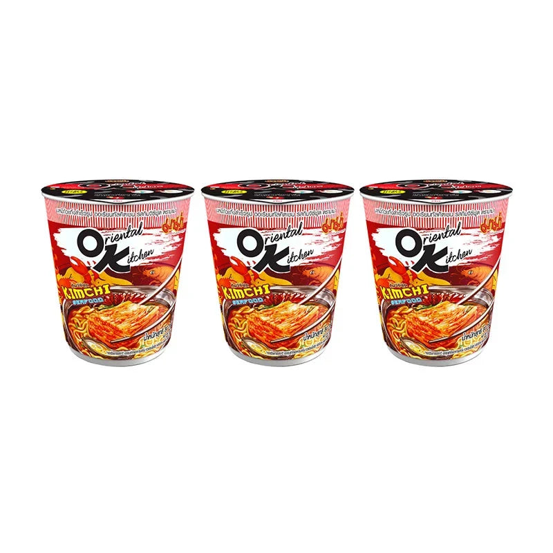 Mama Oriental Kitchen Instant Cup Noodles Kimchi Seafood flavor, dry grocery, 80g x3 packs, with noodles, kimchi, and seafood ingredients.