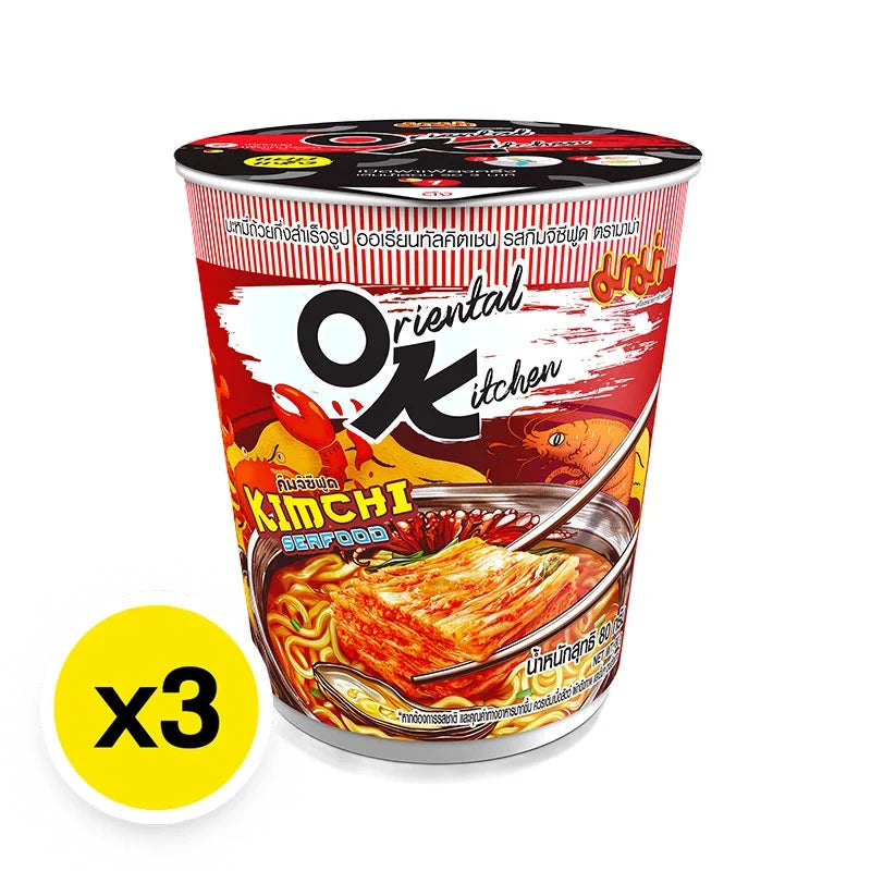 Mama Oriental Kitchen Instant Cup Noodles with Kimchi and Seafood, 80g x3, dry grocery product with spicy flavor and colorful packaging