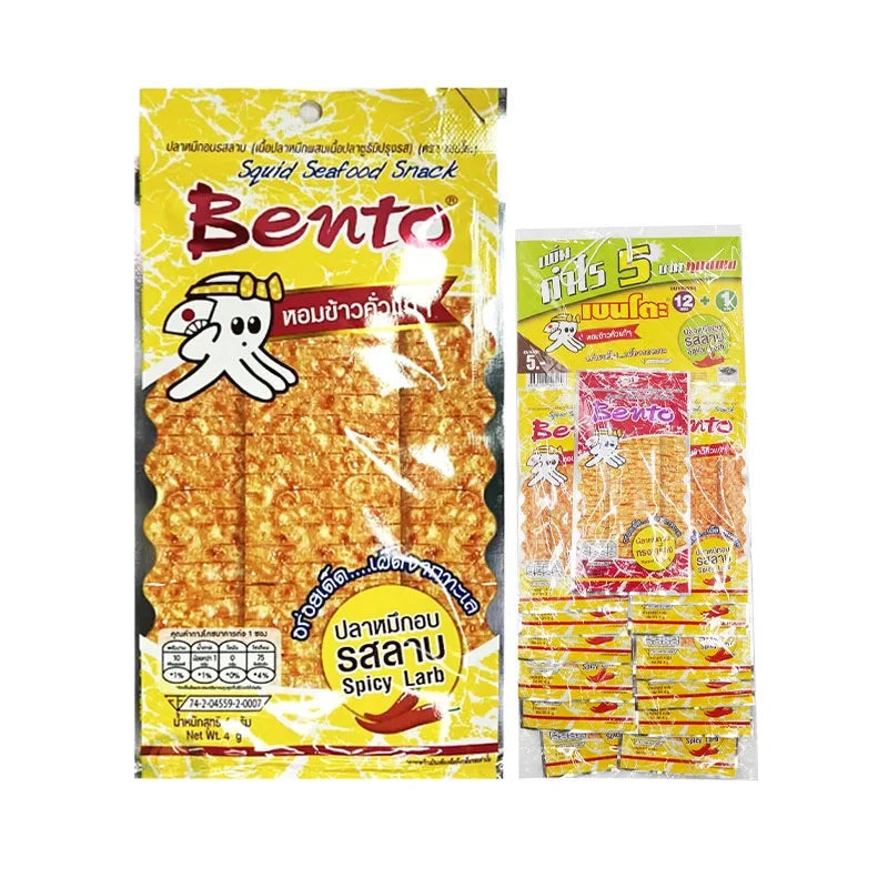 BENTO Bento Squid Seafood Snack Larb 4g, dry grocery snack with dried squid and seafood flavor in a small packet.